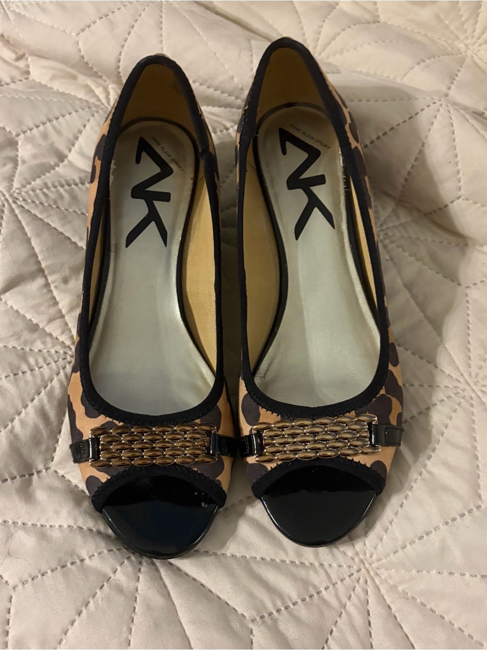 Anne Klein Leopard-Print Peep-Toe Flats with Gold Chain Accent